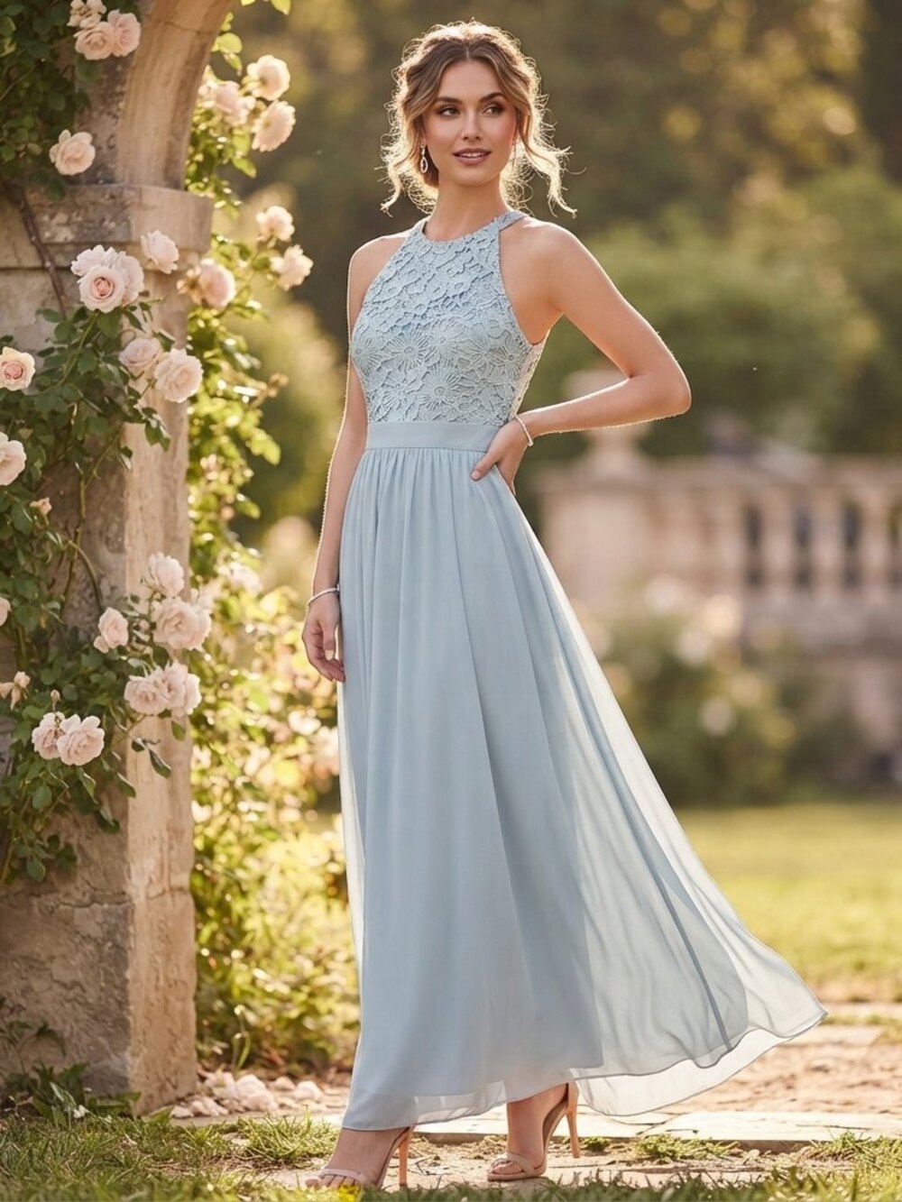 Lulus Light Blue Lace Halter Maxi Dress Size Medium Homecoming Winter Formal